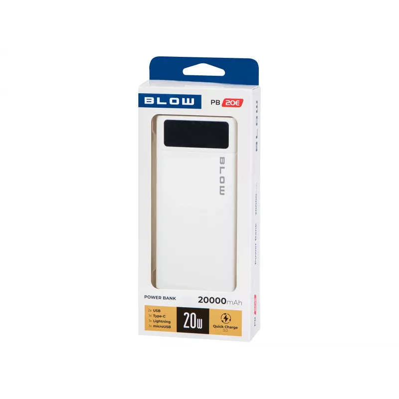 Batería externa portátil BLOW PB20E 20000mAh QC+PD 20W con USB-C, 2× USB-A, entrada Lightning, batería de polímero