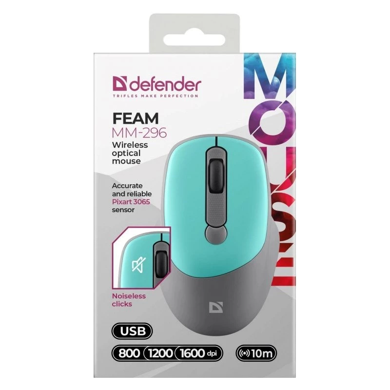Defender Feam MM-296 52294 ratón inalámbrico, clic silencioso, óptico, 1600 DPI, USB, menta