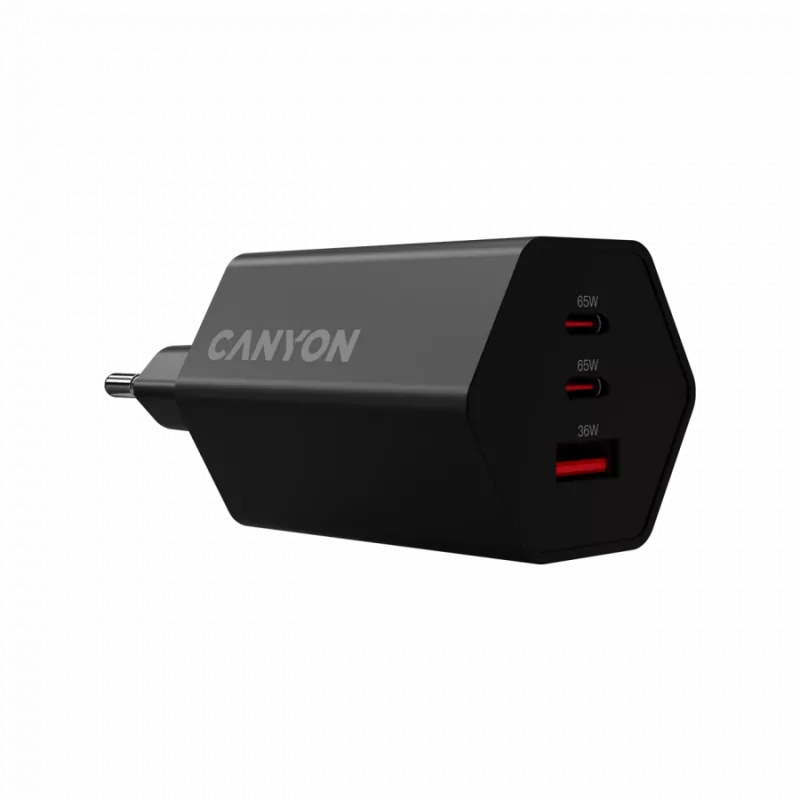 Cargador CANYON HEXAGON 65 GaN 65W 2xPD 1xQC EU negro (CND-CHAHEX65B)