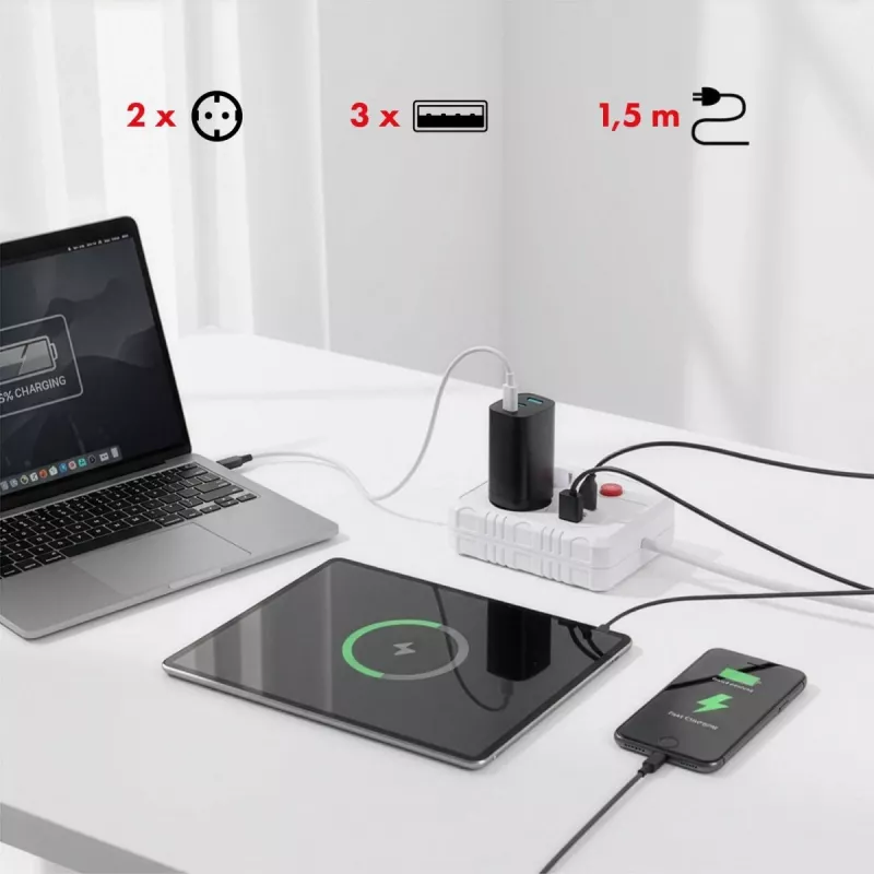 Regleta MACLEAN MCE387 W — 2 tomas de corriente, 3×USB A, 110–240 V, 2500 W, cable de 1,5 m, blanca