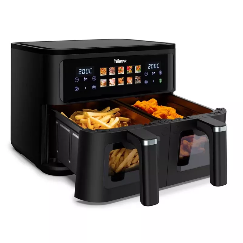 Freidora de aire Tristar FR-9075 doble 9 L, 2500 W, control táctil, LCD, negra, 60 °C mín