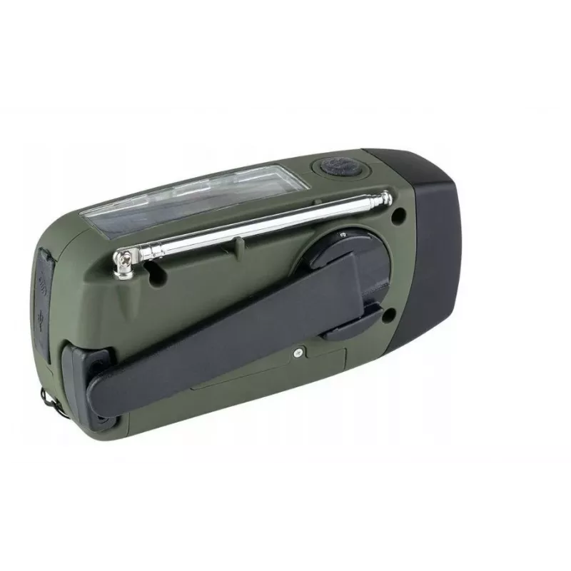 Radio de emergencia FOSCO 464600 con linterna LED, powerbank, FM, IPX3, carga solar/manivela/USB-C — verde/negro
