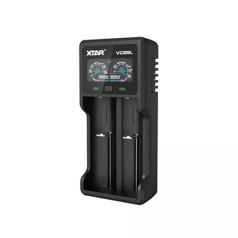 Cargador de pilas XTAR VC2SL — USB 5V 1A, LCD, carga 2 celdas, compatible Li-Ion/NiMH/NiCd, tamaños A/AA/AAA/AAAA/C/D/SC, negro