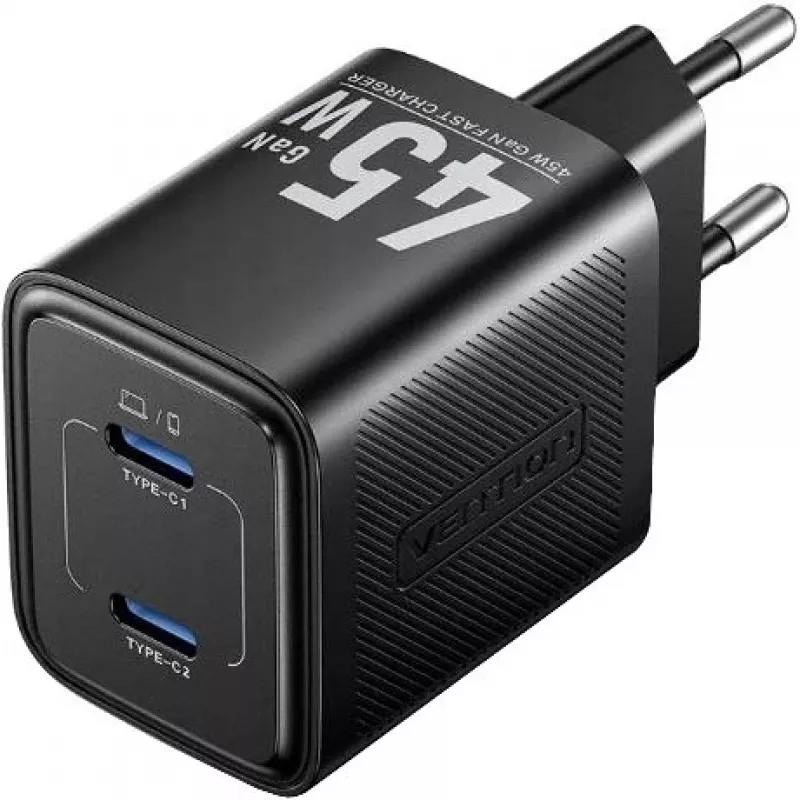 Vention FEFB0-EU cargador rápido de CA de interior 45W 2× USB-C — para smartphone, portátil, tablet, smartwatch, auriculares (negro)