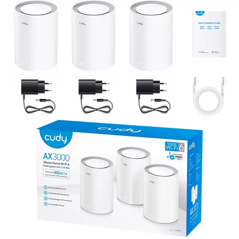 Cudy M3000 pack de 3 sistema Wi-Fi Mesh de doble banda (2,4 GHz / 5 GHz) Wi-Fi 6 (802.11ax) gris, blanco 1 interno