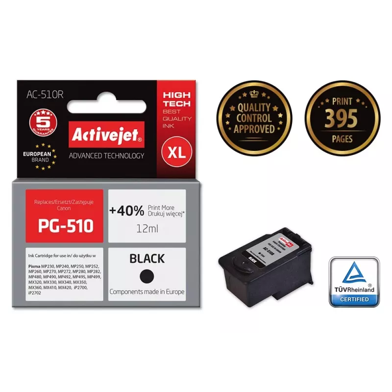 Cartucho de tinta ActiveJet AC-510R negro — compatible Canon, a base de pigmento 12 ml, alto rendimiento (XL), pack individual