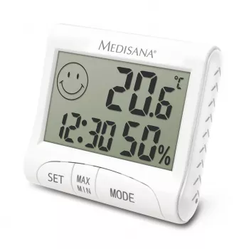 Higrómetro interior electrónico Medisana HG 100 — termómetro digital, humedad del aire 20–90 %, temp. -10–50 °C, pantalla de sobremesa, pila AAA