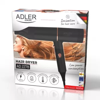 Secador de pelo Adler AD 2278 — 1400 W, 2 niveles de calor, función iónica, mango plegable, negro