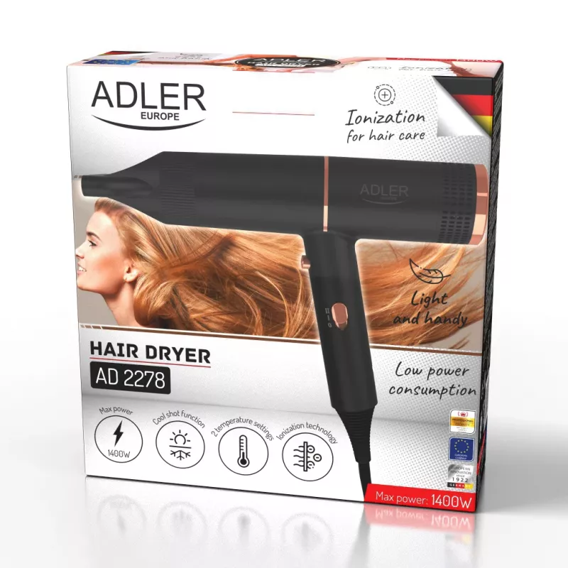 Secador de pelo Adler AD 2278 — 1400 W, 2 niveles de calor, función iónica, mango plegable, negro