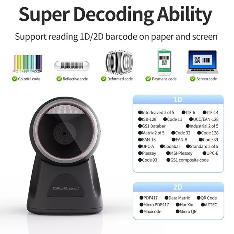 Lector de códigos de barras de sobremesa Qoltec para códigos 1D y 2D, escáner QR, negro