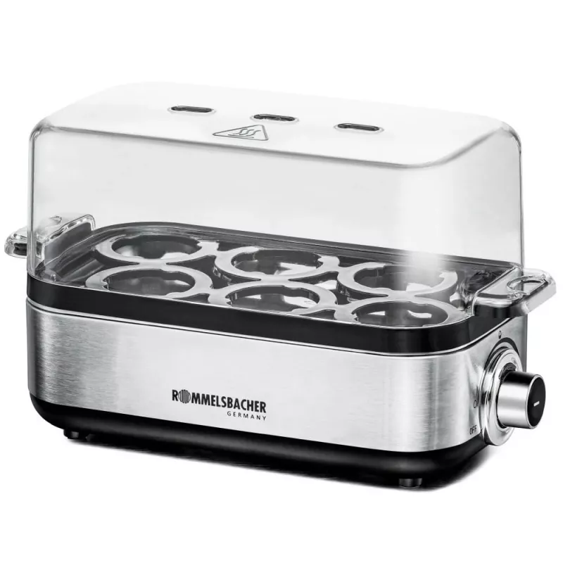 Huevera Rommelsbacher ER 600 — huevera eléctrica, capacidad 6 huevos, 400 W, acero inoxidable, tapa transparente