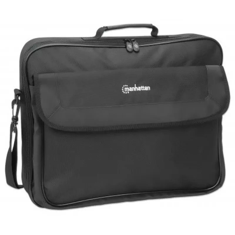 Manhattan Cambridge funda para portátil 17,3 pulgadas, diseño clamshell, negro, LOW COST, compartimento para accesorios, compartimento para documentos en la parte trasera, correa para el hombro (extraíble), compatible con Targus CN418EU, funda para portátil, tres años de garantía
