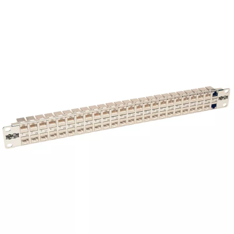 Tripp N254-048-SH-6A 48 puertos 1 U montaje en rack panel de conexiones Cat6a STP blindado pasante - RJ45 Ethernet - TAA - 10 Gigabit Ethernet - RJ-45 - Cat6a - plata - blanco - instalación en rack