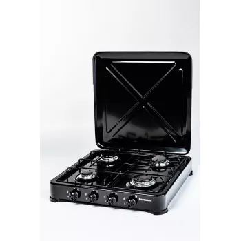 Cocina de gas Ravanson K-04TB — placa de gas empotrable de 4 fuegos, negra, mandos giratorios, carcasa metálica