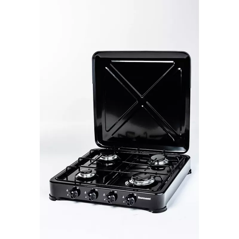 Cocina de gas Ravanson K-04TB — placa de gas empotrable de 4 fuegos, negra, mandos giratorios, carcasa metálica