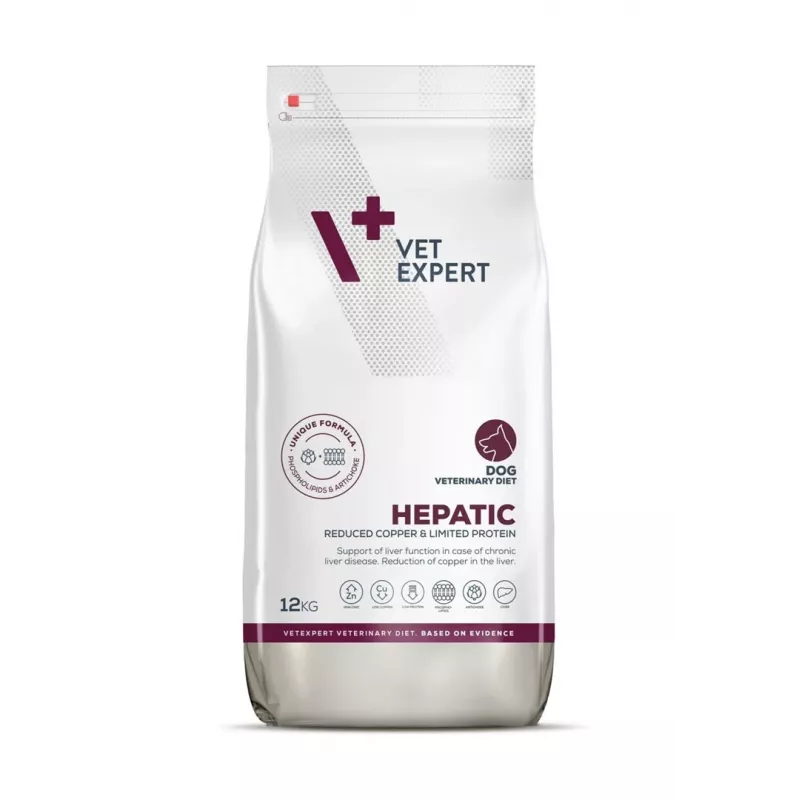 Pienso para perros VETEXPERT Veterinary Diet Hepatic 12 kg — alimentación dietética para el soporte hepático, sabor a carne, para perros adultos de 10–15,9 kg