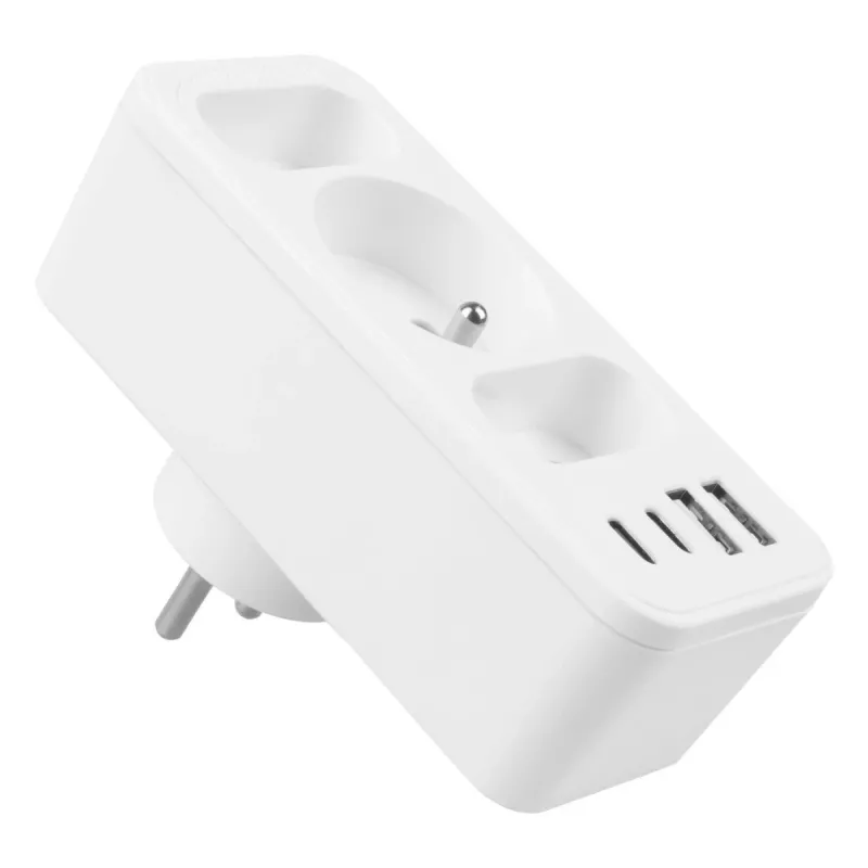Regleta de enchufes MACLEAN MCE248 F/W — 3 tomas AC (1×16A, 2×6A) + 4×USB (2×A, 2×C PD 20W), conector EU, blanco