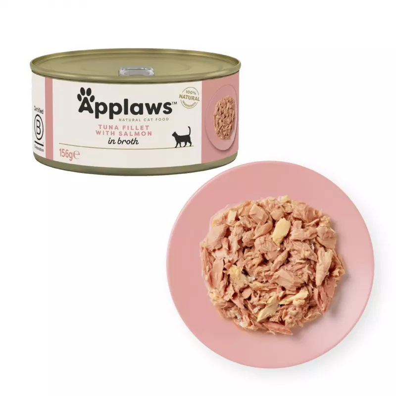 Comida húmeda para gatos Applaws filete de atún con salmón en caldo — bolsa 156 g, 15 % proteína, 80 % humedad