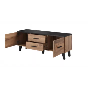 Mueble de TV Cama Meble LOTTA 140 cm — marco roble wotan, superficie de tablero de partículas negra, 1400×400×530 mm