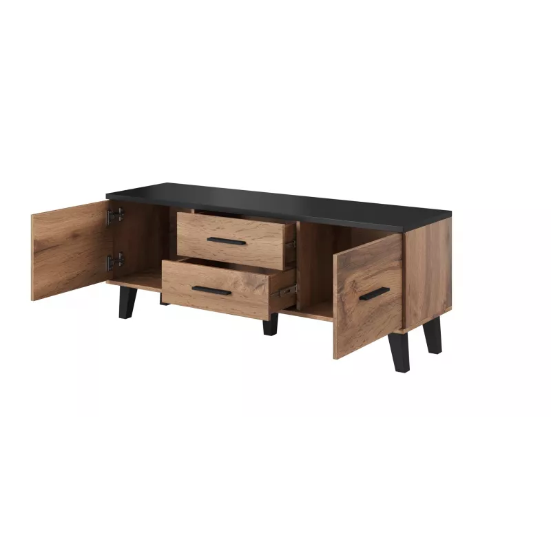 Cama Meble LOTTA 140 cm mueble de TV, roble Wotan + negro mate