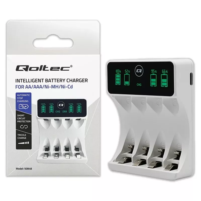 Cargador de baterías QOLTEC 50848 para pilas NiMH AAA (R03) y AA (R6) con pantalla LCD