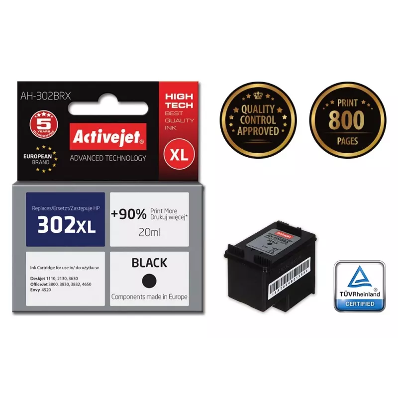 Activejet AH-302BRX Tinta (sustituto de HP 302XL F6U68AE; Premium; 20 ml; negro)