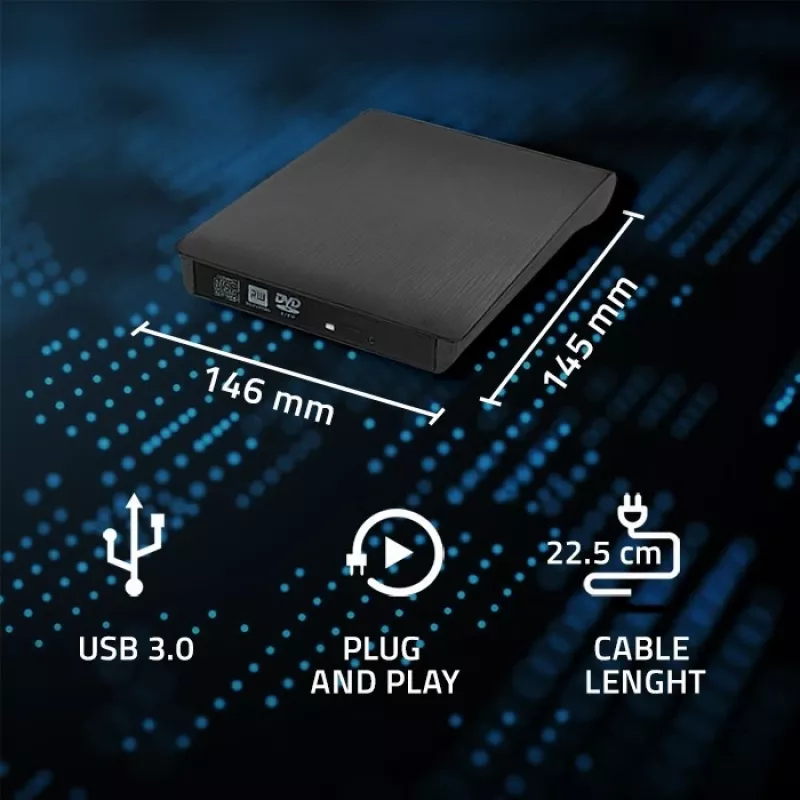 Unidad externa DVD‑RW QOLTEC 51857 — USB 3.0, interfaz SATA, DVD±R 8x, DVD±RW 4x, DVD‑RAM 5x, CD 24x, negra