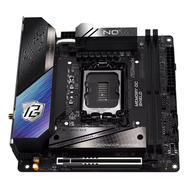 Placa base ASRock Phantom Gaming Z890I Nova WiFi — Intel Z890, LGA 1851, Mini-ITX, DDR5, 2x M.2, Wi‑Fi 6E/7, 5Gb LAN, Thunderbolt