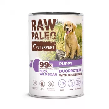 Comida húmeda para perros VETEXPERT RAW PALEO Duoprotein pato y jabalí Puppy 400 g, sin gluten y sin soja, 78 % humedad