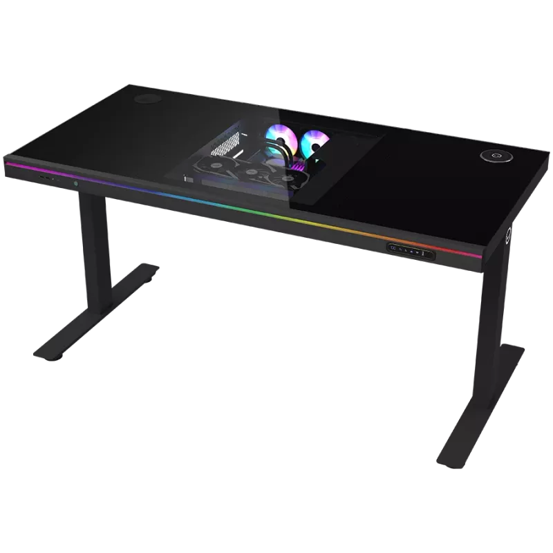 Mesa gaming de altura ajustable con doble motor, función sentado/de pie, caja de PC integrada, cargador inalámbrico, iluminación RGB, panel de control y puertos USB, tablero de vidrio templado, negro.