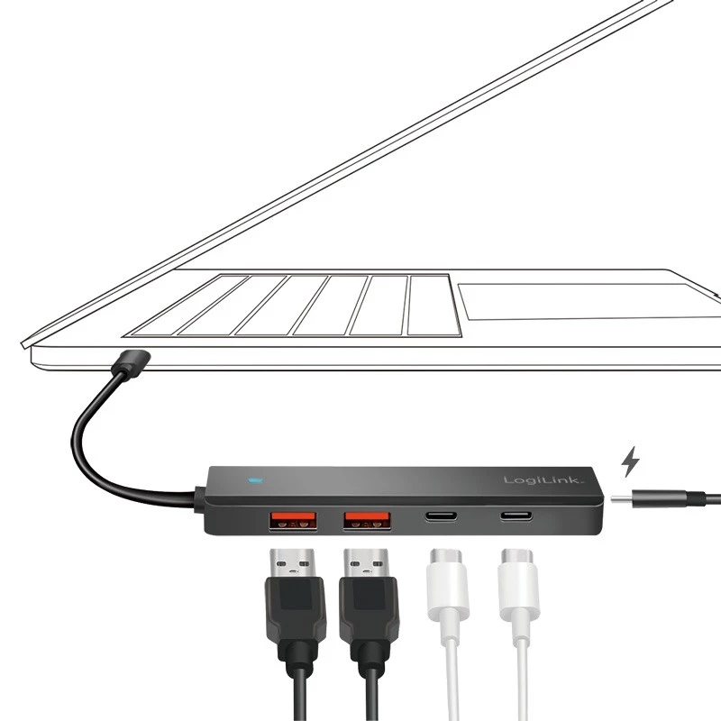 Hub USB-C, 4 puertos 2x USB-A, 2x USB-C, Negro