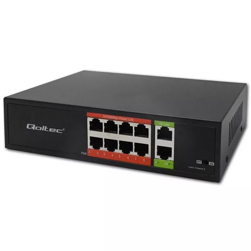 Switch de red QOLTEC Fast Ethernet PoE 8xRJ45 con 2xRJ45 uplink