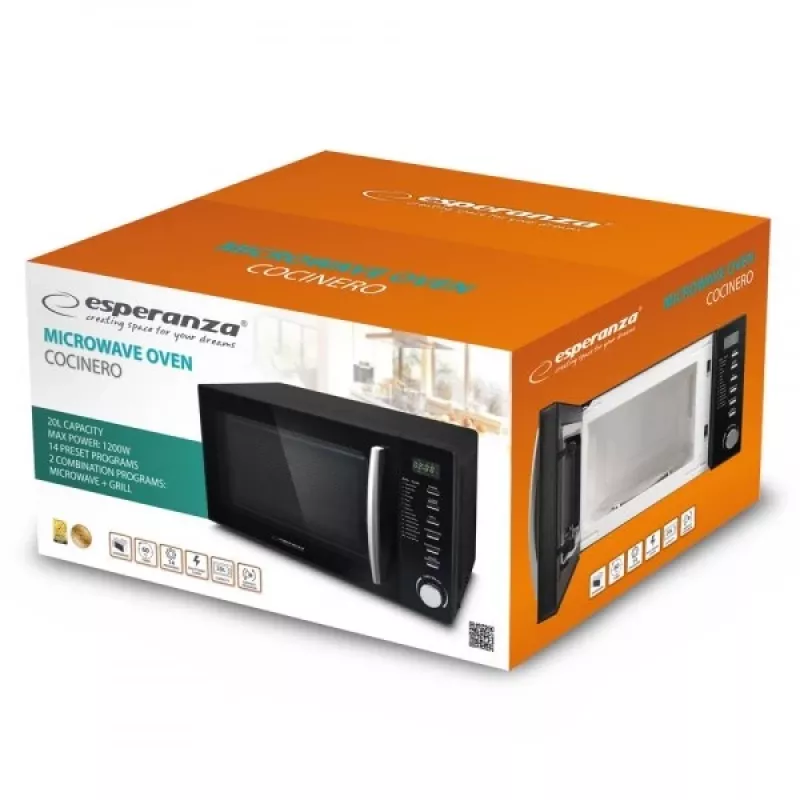 Microondas combinado ESPERANZA COCINERO 1200 W, 20 L, grill 900 W, pantalla LED, de sobremesa, negro