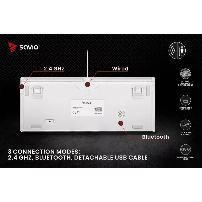 SAVIO PHENIX WHITE teclado mecánico inalámbrico, Gateron Red Pro, ABS