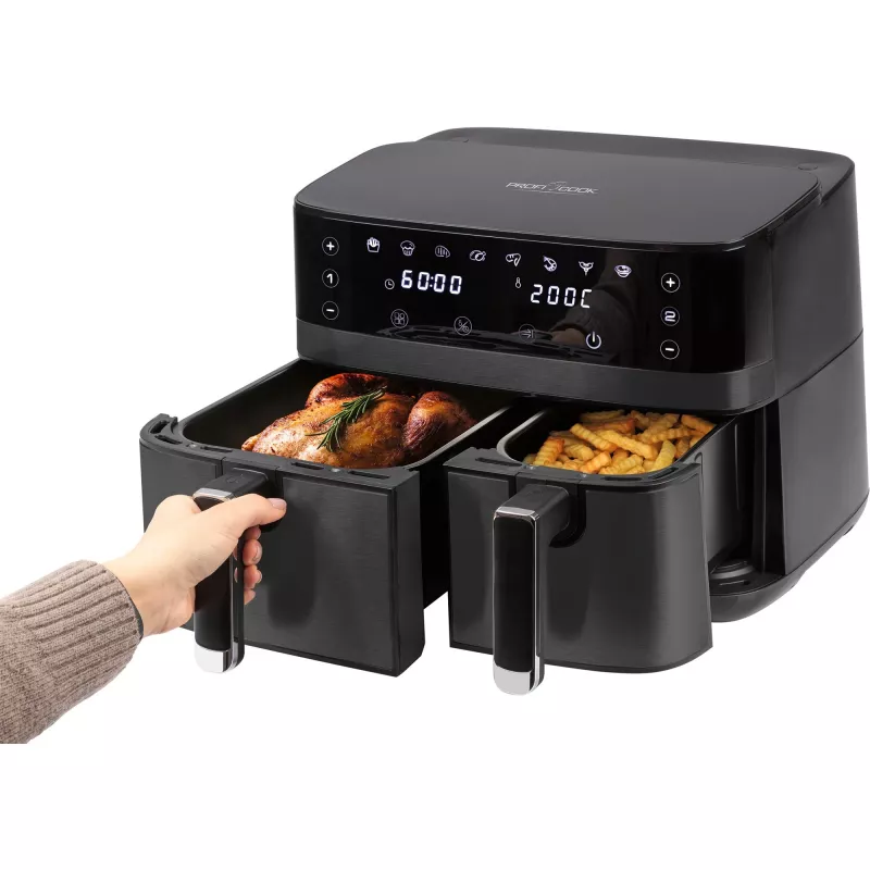 Freidora de aire doble ProfiCook PCFR1295H — 2 cestas (5,5 L + 3,5 L), 9,0 L total, 2700 W, frente de acero inoxidable