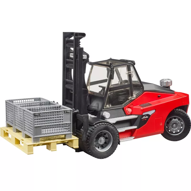 Carretilla elevadora Linde HT160 con palé (rojo/negro, incl. 3 cajas de rejilla)
