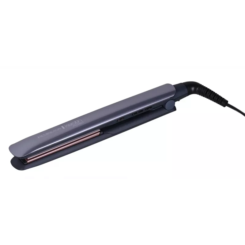 Plancha de pelo Remington S8598 Warm negro gris — placas de cerámica 11 cm, 5 niveles de calor, 160–230 °C, cable de 3 m, funda de transporte