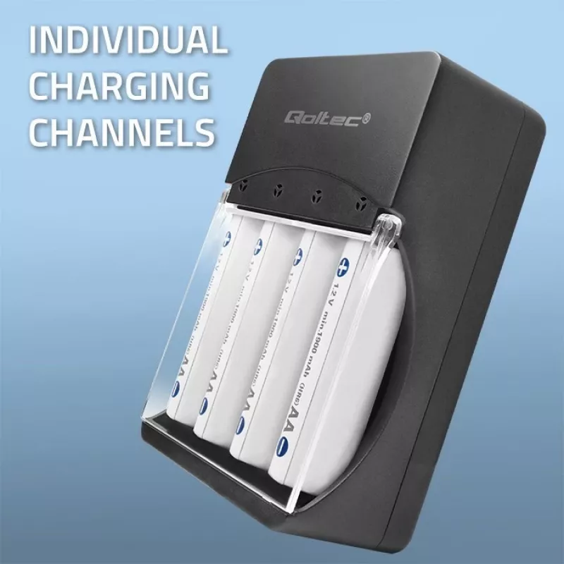 Cargador de baterías QOLTEC 50653 para baterías Ni-MH AAA (R03) y AA (R6), entrada 220–240 V, salida 1,2 V