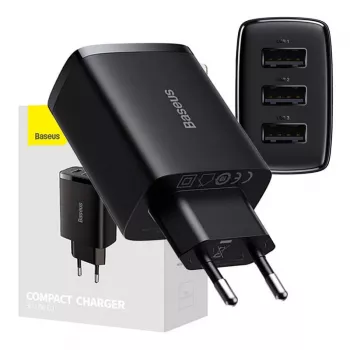 Baseus Cargador rápido compacto, 3x USB, 17 W (Negro)