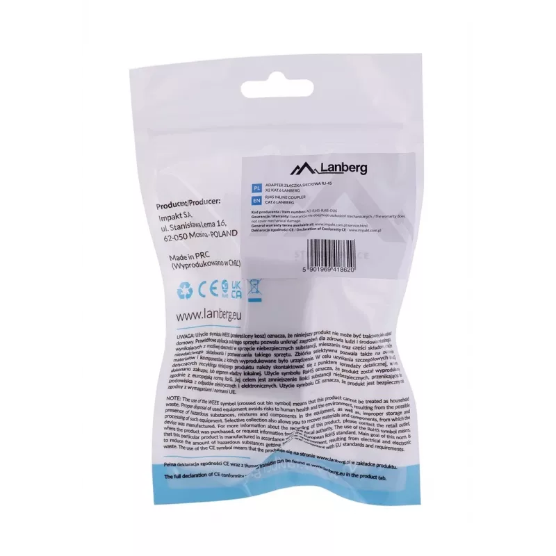 Lanberg AD-RJ45-RJ45-OU6 acoplador RJ45 Cat.6 UTP, blanco