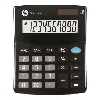 Calculadora de sobremesa HP OC 110 — LCD de 10 dígitos, pila/solar, CR2032, 24 teclas, negra, 101×33×125 mm