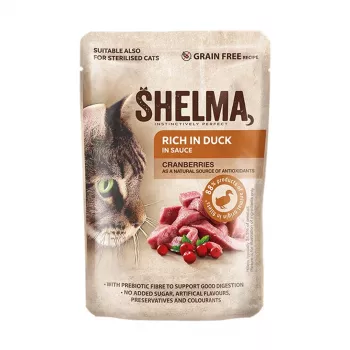 Comida húmeda para gatos SHELMA multipack 4×85 g – alimento completo para gatos adultos, pollo, pavo, ternera, pato, sin cereales