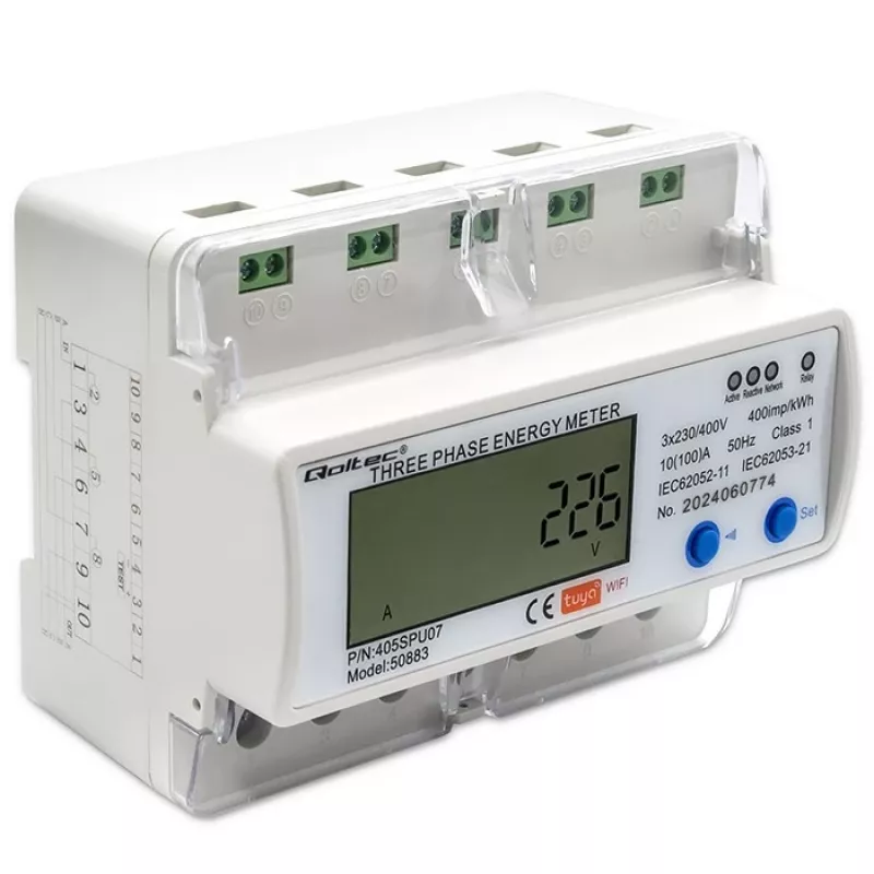 Contador de energía trifásico QOLTEC 50883 Wi‑Fi 400V con pantalla LCD
