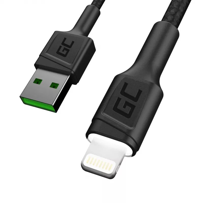 Cable Lightning a USB-A Green Cell KABGC12, 2 m, Lightning – USB A, negro