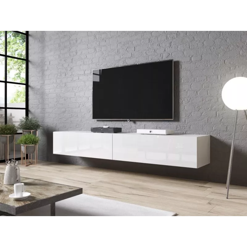 Soporte de TV cama meble SLIDE 200 — 2000×400×300 mm, tablero de MDF blanco brillante, estructura blanca