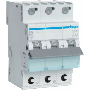 Hager MBS310. Corriente nominal: 10 A, frecuencia de entrada CA: 50/60 Hz. Tipo: B-type, cantidad de módulos (máx): 3 módulo(s). Anchura: 52,5 mm, profundidad: 70 mm, alt