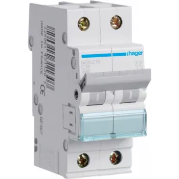 Hager MCN216. Número de polos: 2P. Frecuencia de red: 50/60 Hz, corriente de salida nominal: 16 A. Ancho: 35 mm, profundidad: 70 mm, altura: 83 mm (MCN216)