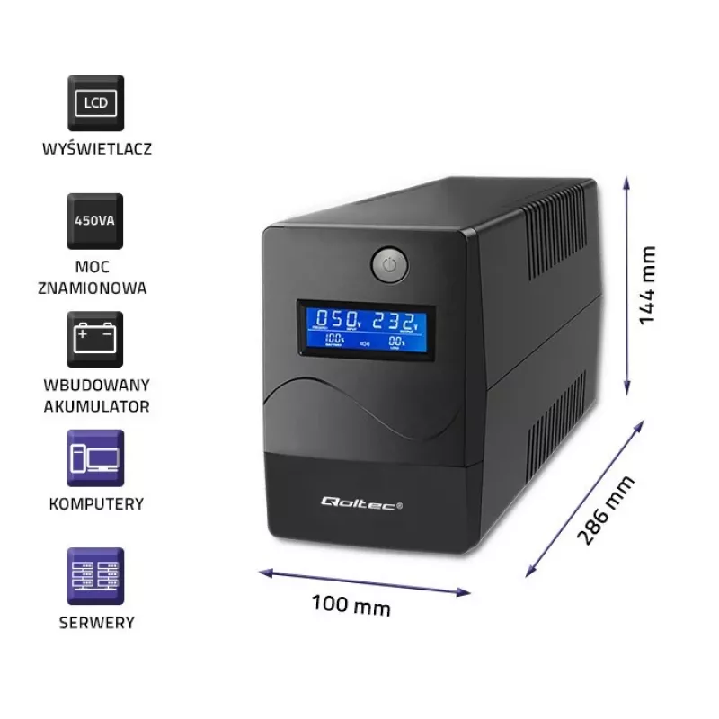 SAI Qoltec Monolith (sistema de alimentación ininterrumpida) Doble conversión (Online) 0,45 kVA 240 W 2 tomas de corriente