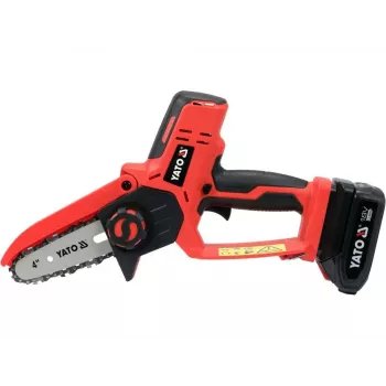 Motosierra de batería YATO YT-828135 — 18V Li-Ion 2Ah, espada de 10 cm, 3200 rpm, velocidad de cadena 4,8 m/s, 26 eslabones