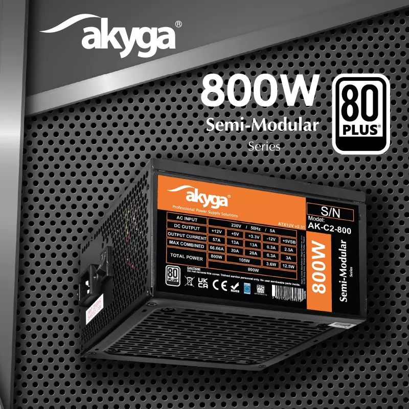 Akyga AK-C2-800 Fuente de alimentación ATX Classic 800 W, semimodular, PFC activo, ventilador de 120 mm